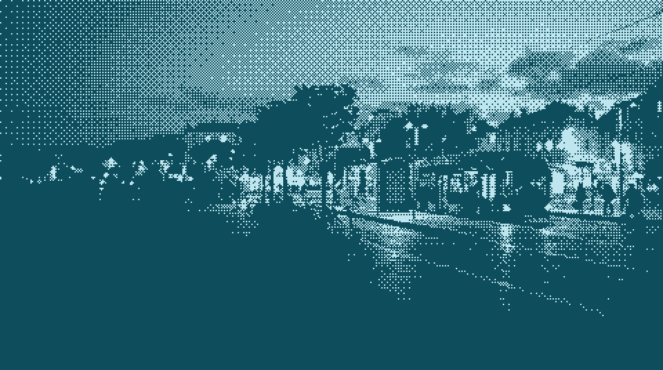 Illustration of a quiet square at dusk: an electric bus at a tram stop, parked bikes and a scooter under young trees, a cyclist and people on foot