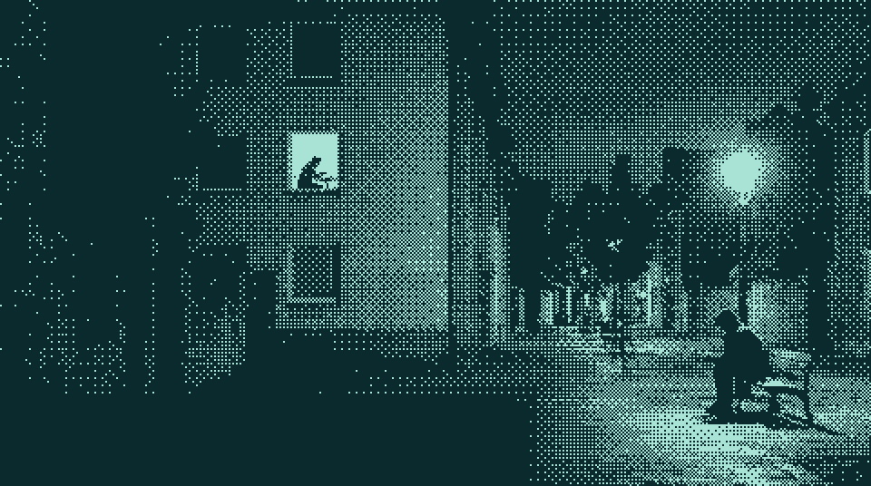 Illustration: two strangers at night, one at a lit window, one on a bench under a street lamp, each on a phone